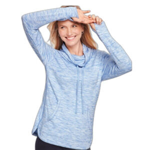 T by Talbots Blue Heathered Drawstring Cowlneck Long Sleeve Pullover Top Size L